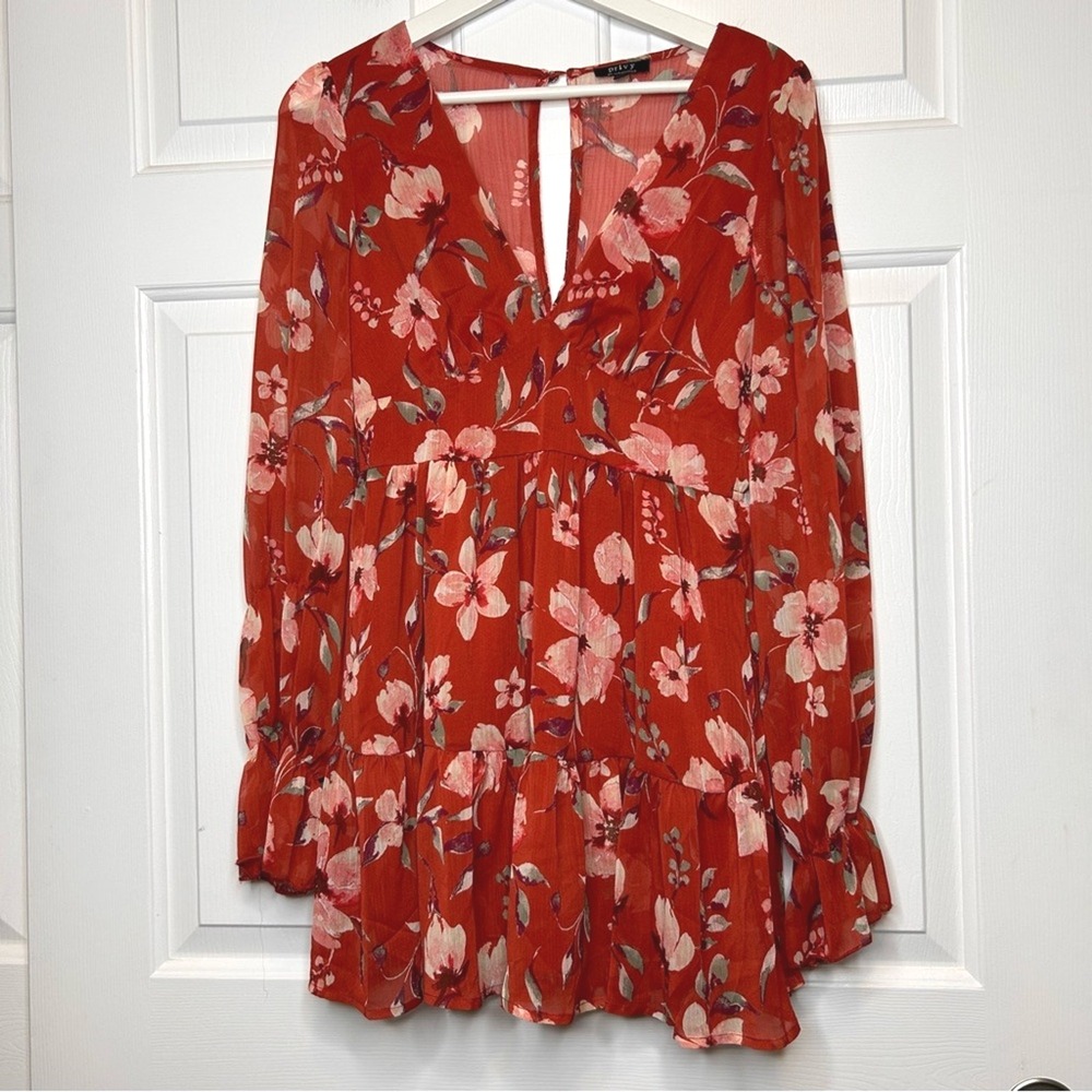 Privy Floral Print Mini Dress Long Sleeve Rust Red V Neck Ruffle Hem Small